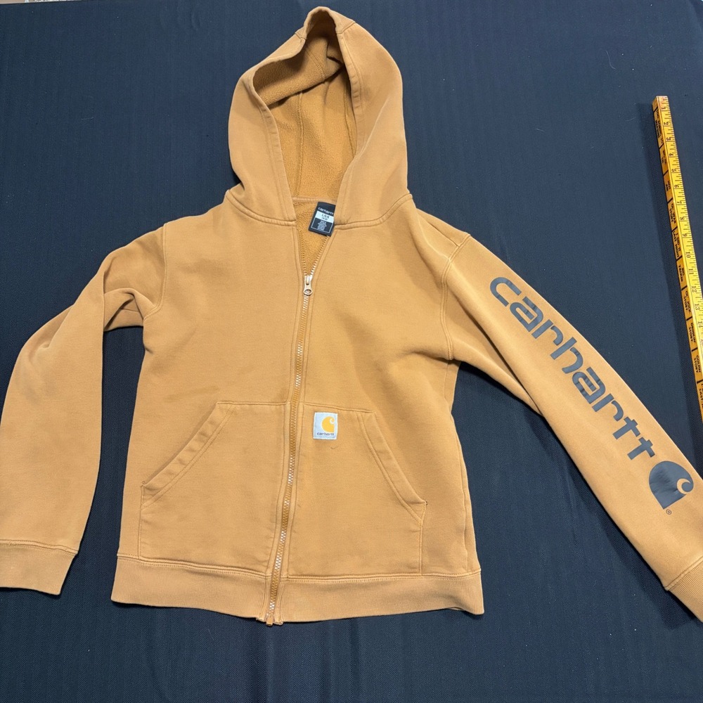 Carhartt Kids Youth Large 14-16 Full Zip Hoodie Brown Tan Sleeve Logo 1452